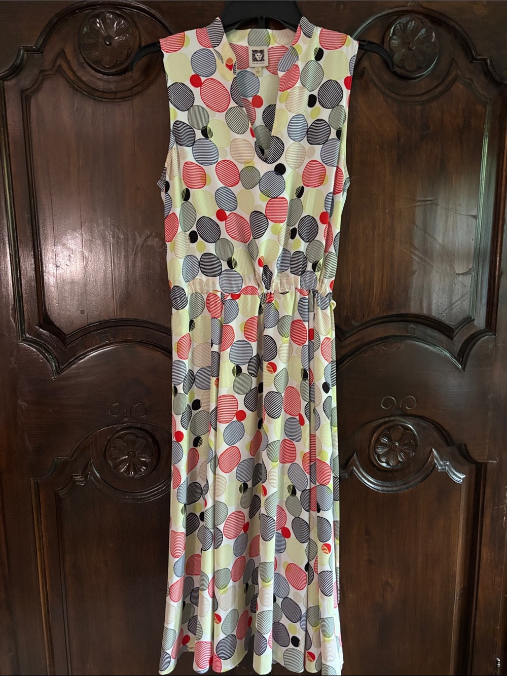 Anne Klein Sleeveless Maxi Dress in Coral, Gray, Black and Pale Green Dot Print